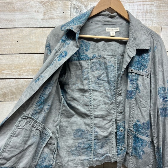 Coldwater Creek Linen Jacket Womens 16 Gray Blue Floral Snap Front Cottagecore - Picture 4 of 11